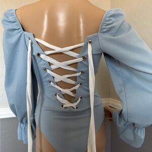 Blue Off-the-Shoulder Sweater with Lace-Up Back